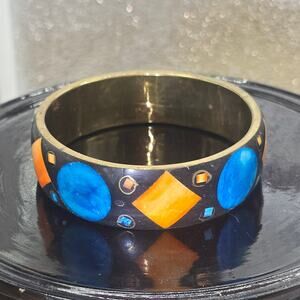 VTG MCM Atomic Cosmic 3/4” Brass Bangle BK OR & BL Bovine Bone Inlay SZ 8.75